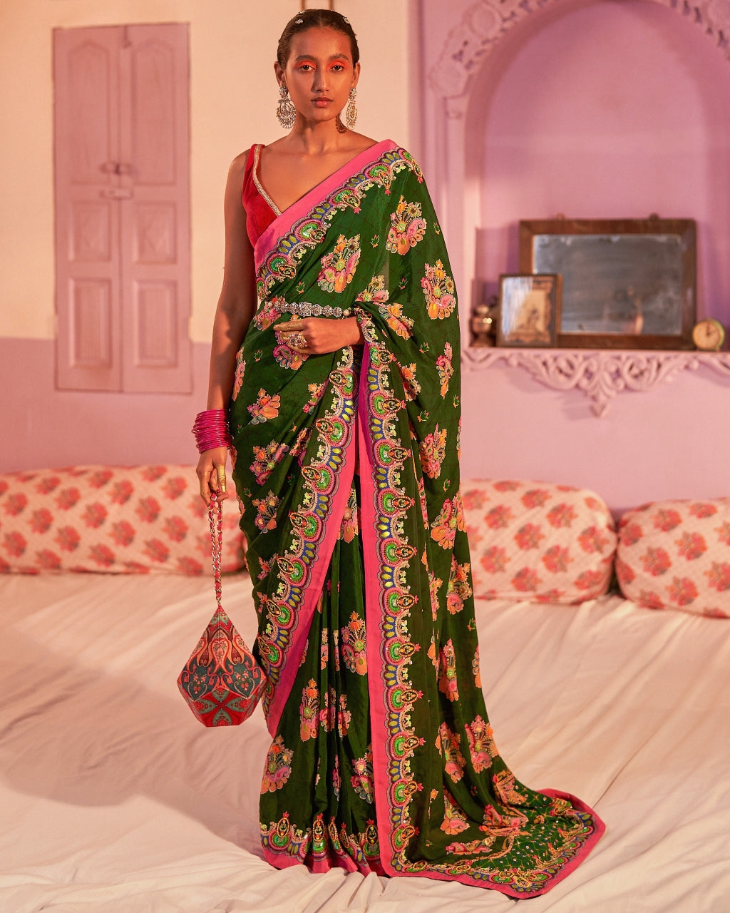 Emerald Sea Green Royal Paisley Embroidered Sari Set