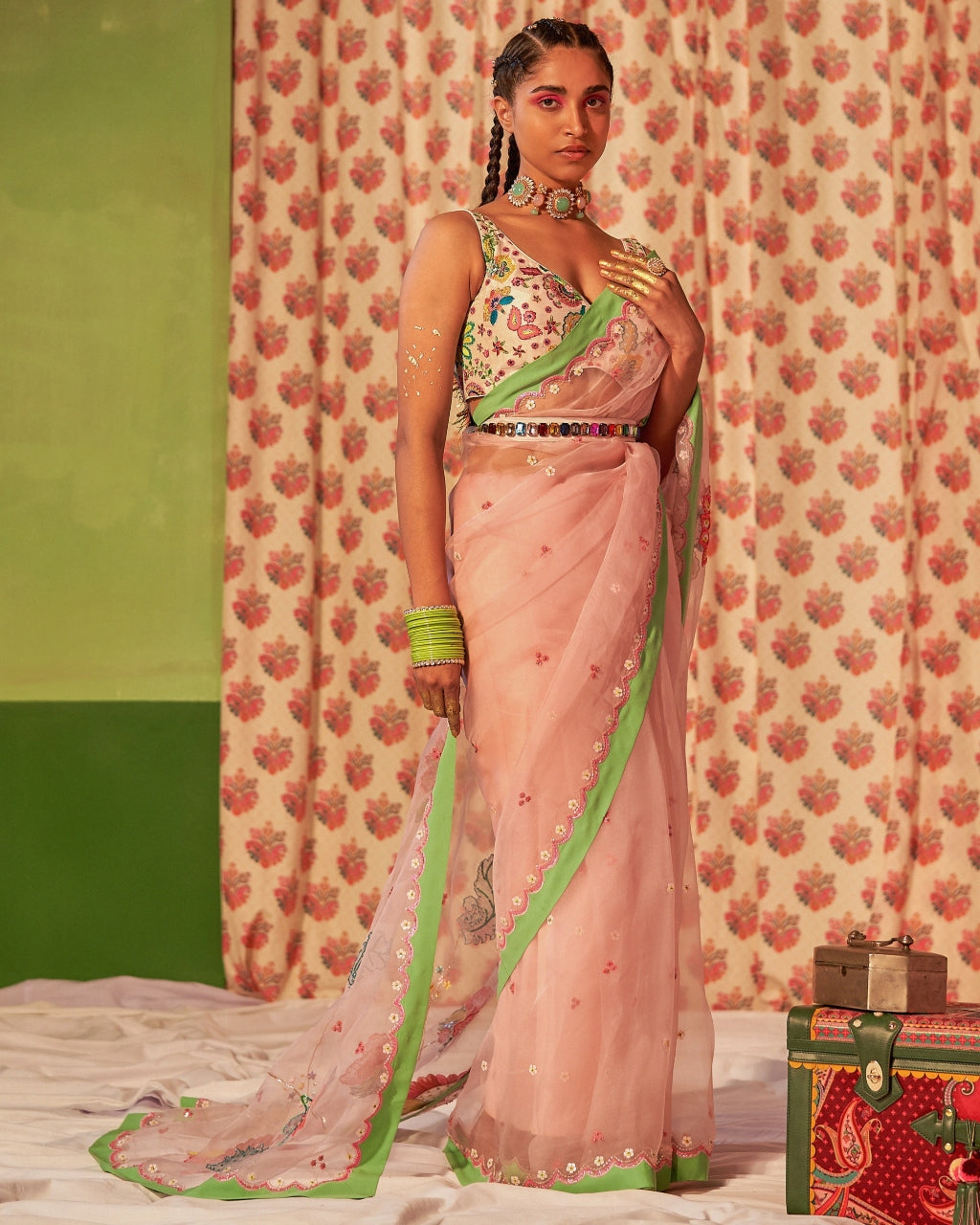 Powder Pink Silk Organza Embroidered Sari Set