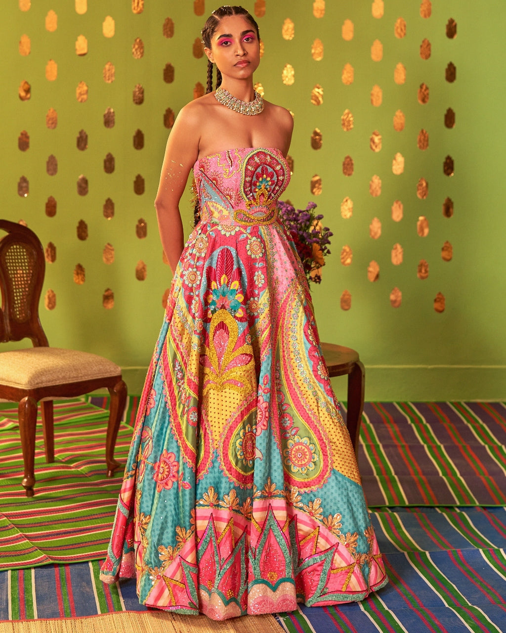 Mastani Pink & Ocean Electric Green Embroidered Gown