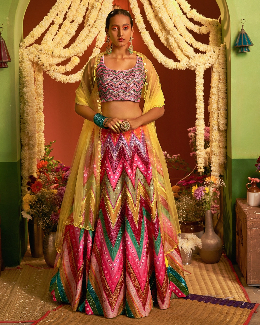 Signature Pink Chevron Embroidered Lehenga Set