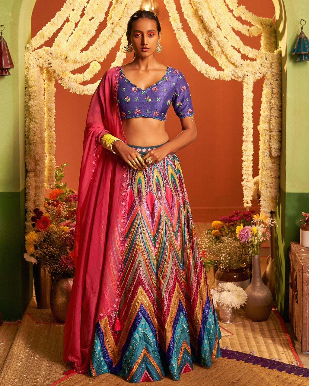 Signature Blue Chevron Embroidered Lehenga Set