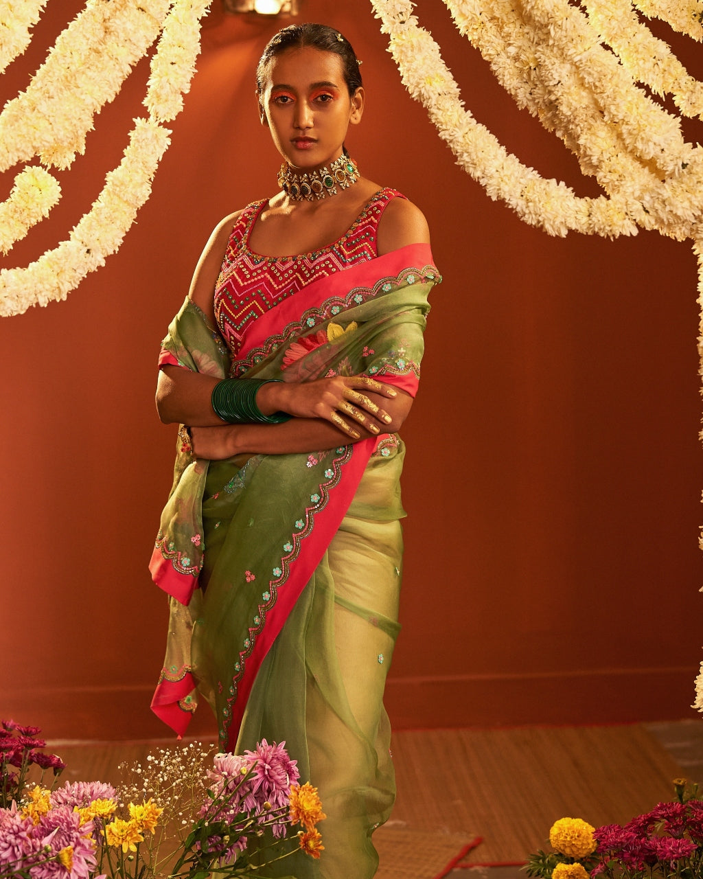 Sage Green, Silk Organza Embroidered Sari Set