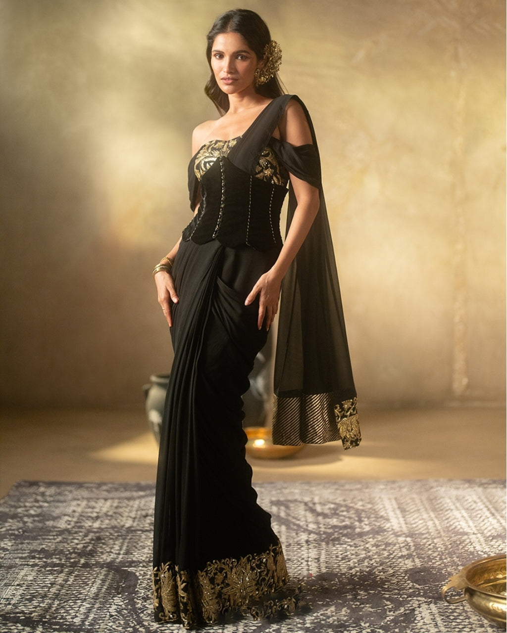 Black 'Neel- Kamal' Corset Sari Set