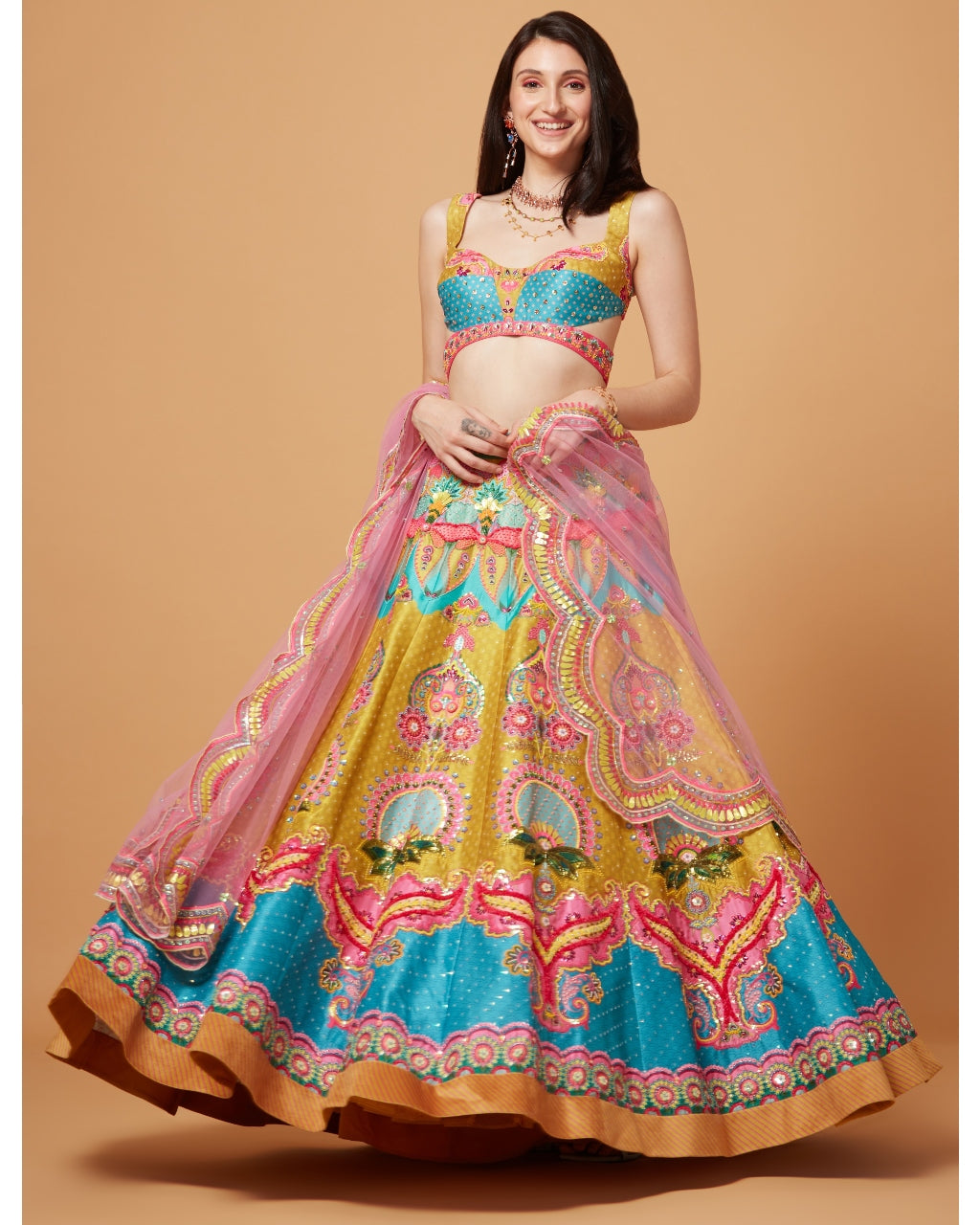 Lime Mustard And Paradise Blue Embroidered Lehenga Set