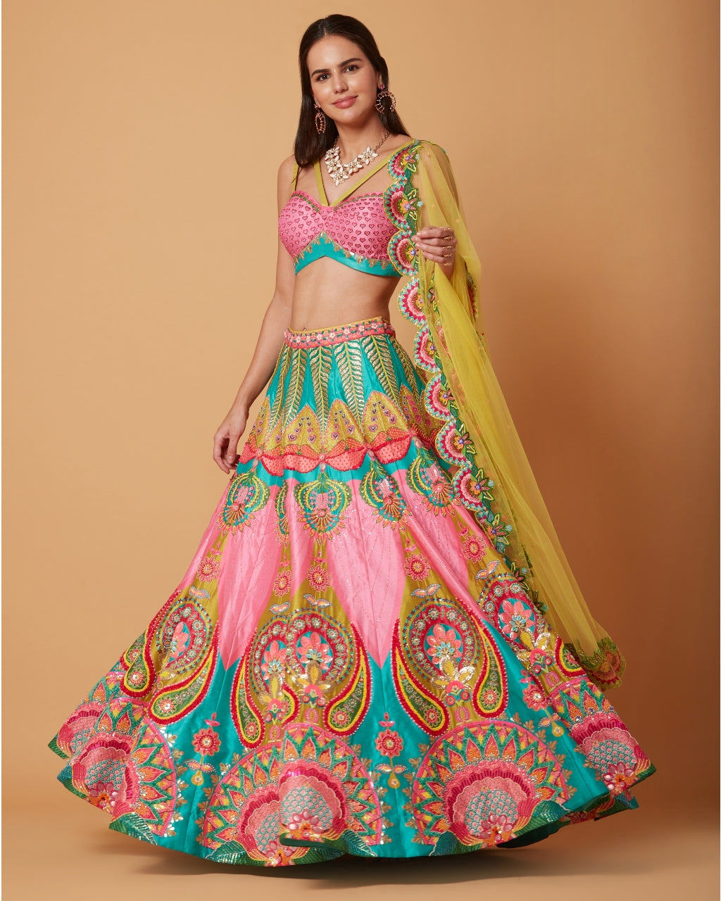 Mastani Pink & Ocean Electric Green Embroidered Lehenga Set