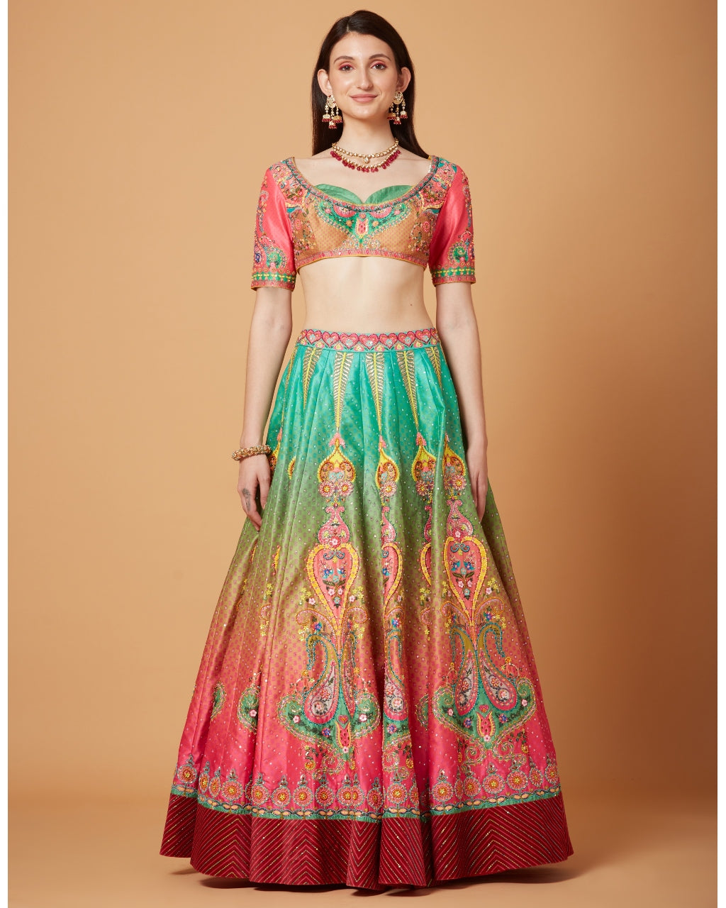 Green-Pink Ombre Embroidered Lehenga Set