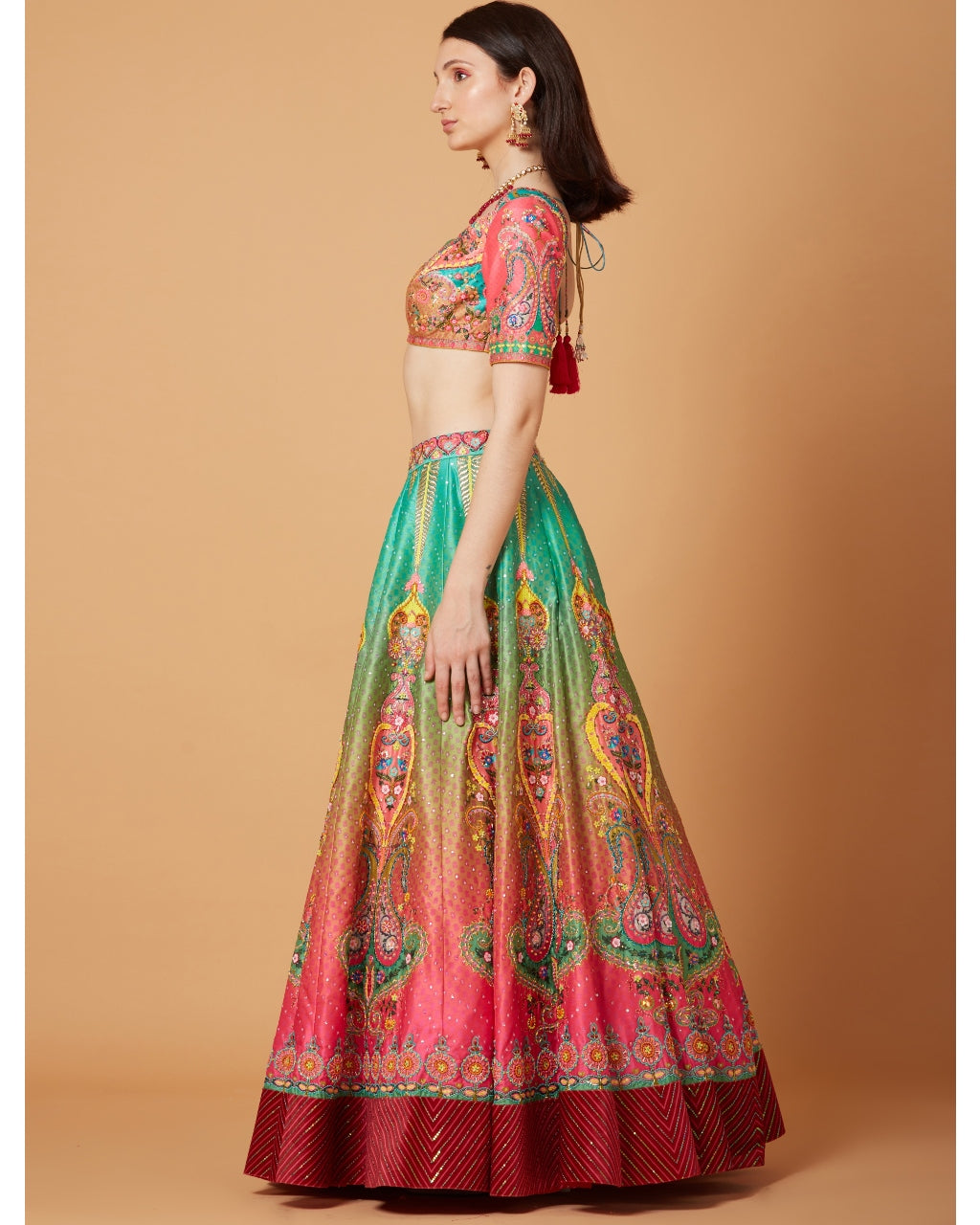 Green-Pink Ombre Embroidered Lehenga Set