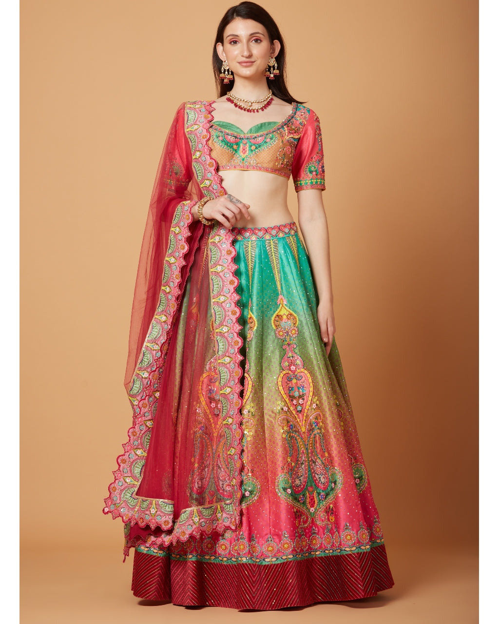 Green-Pink Ombre Embroidered Lehenga Set