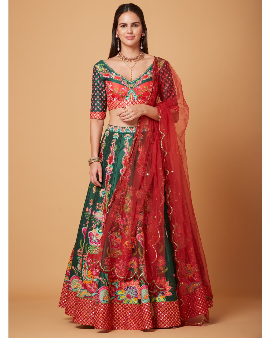 Green-Red Embroidered Lehenga Set