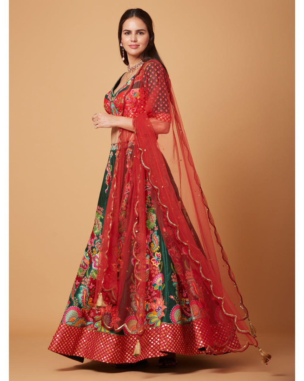 Green-Red Embroidered Lehenga Set