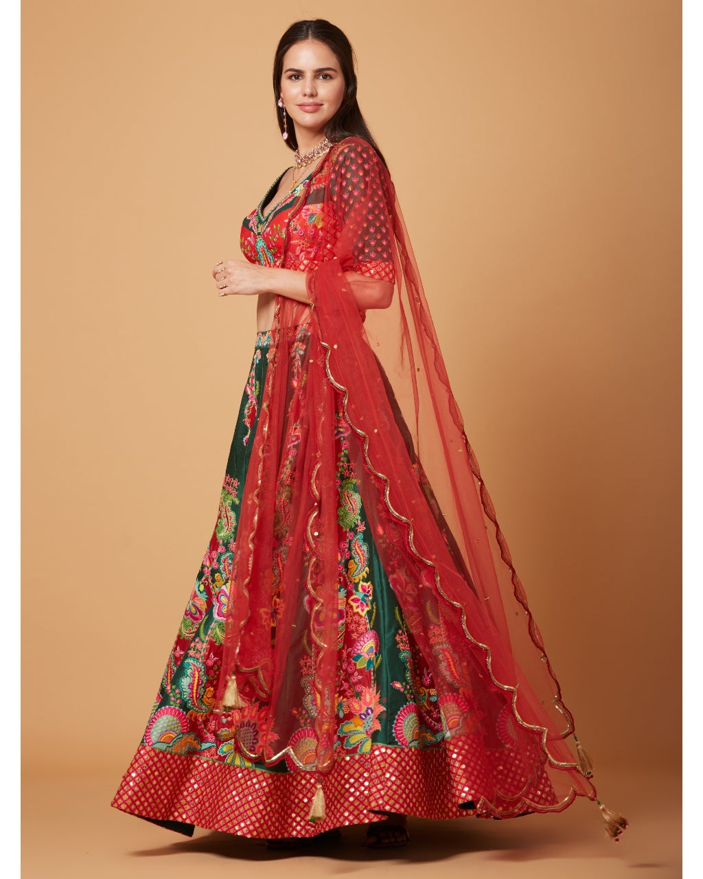 Ujjwal Creation Bridal Wedding Wear Orange & Parrot Green Art Silk Lehenga  Choli and Dupatta at Rs 2399/piece in Surat