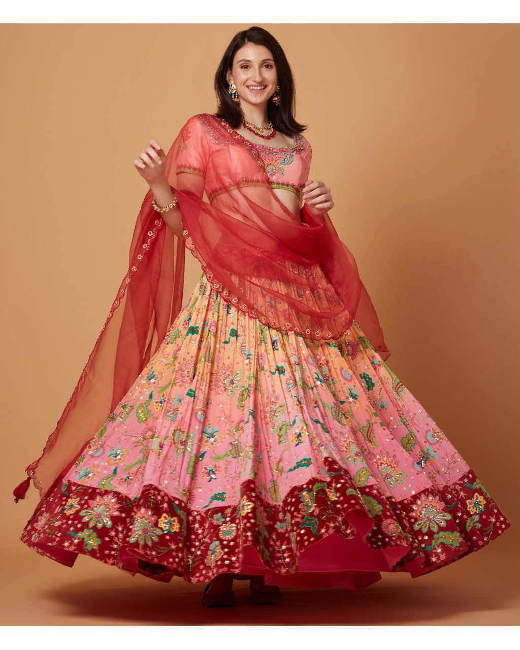 Peach-Pink Ombre Embroidered Lehenga Set