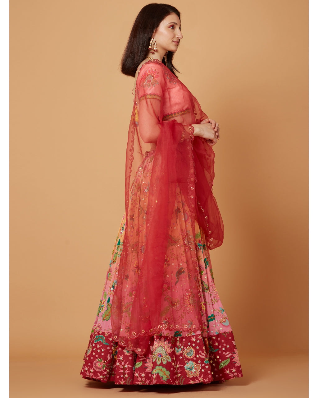 Peach-Pink Ombre Embroidered Lehenga Set