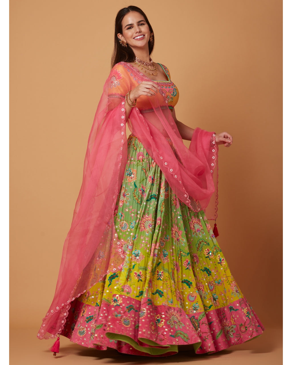 Yellow-Green Ombre Embroidered Lehenga Set