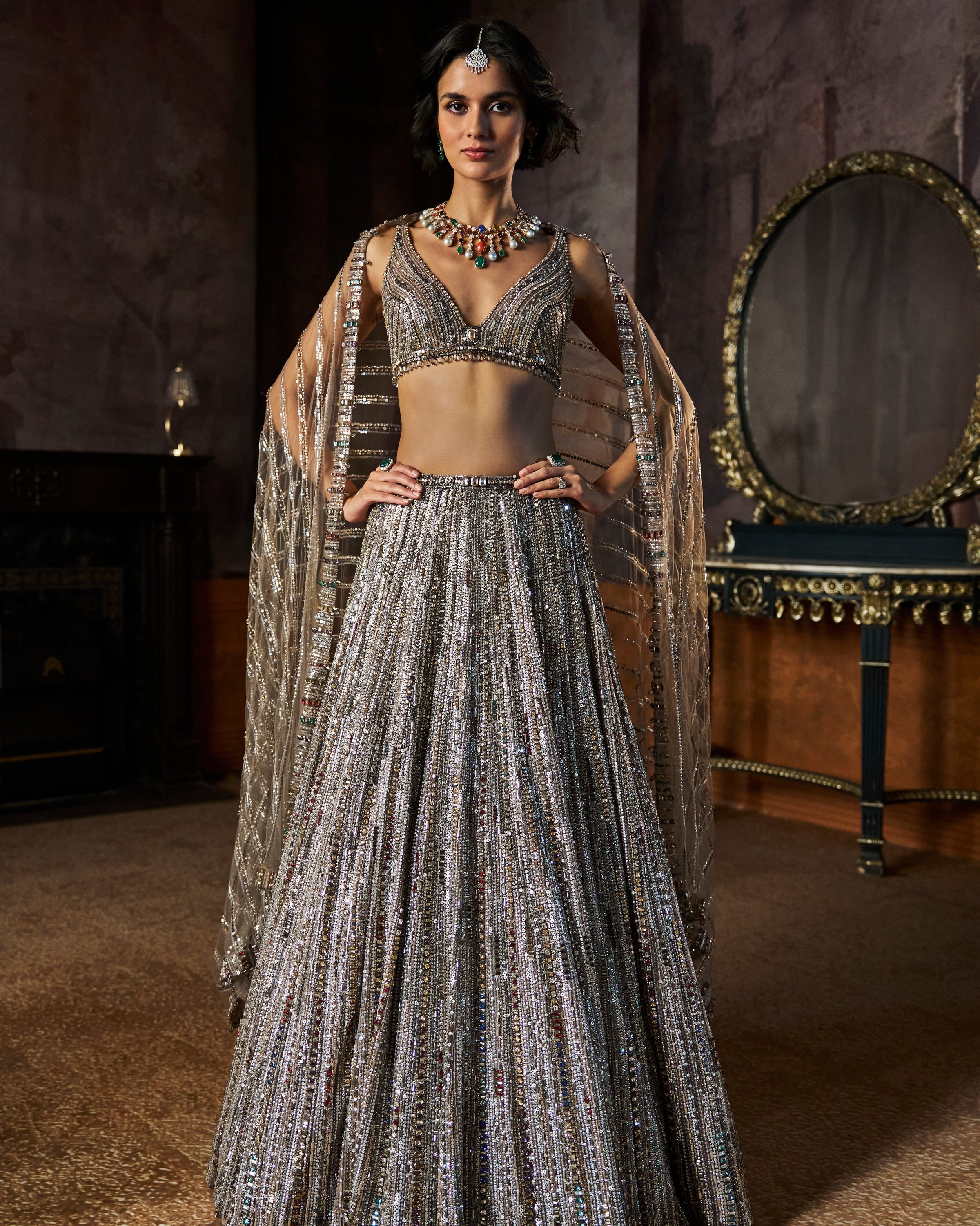 Charcoal Multi-Coloured Crystal Lehenga Set