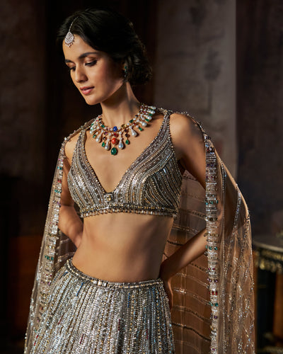 Charcoal Multi-Coloured Crystal Lehenga Set
