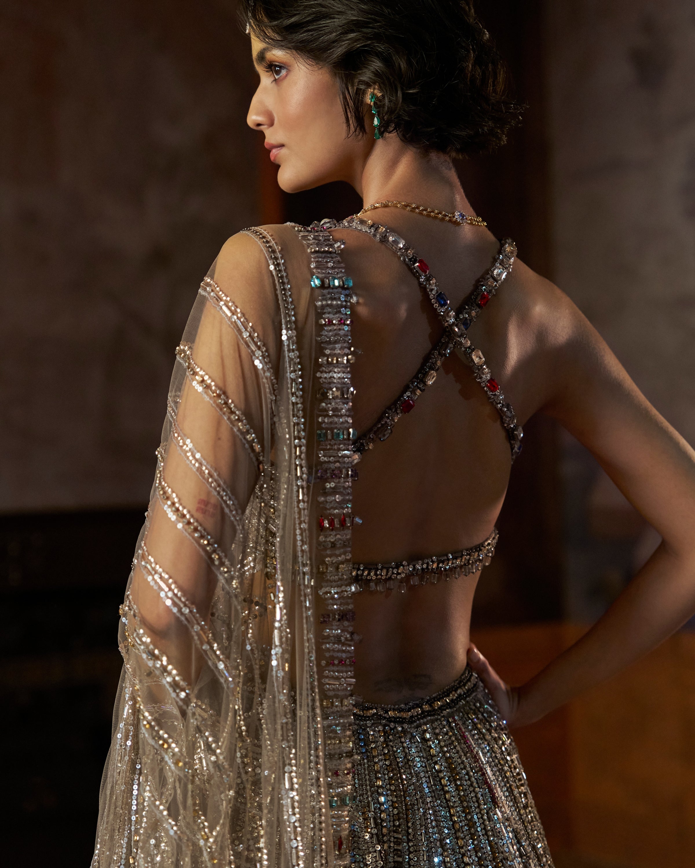 Charcoal Multi-Coloured Crystal Lehenga Set