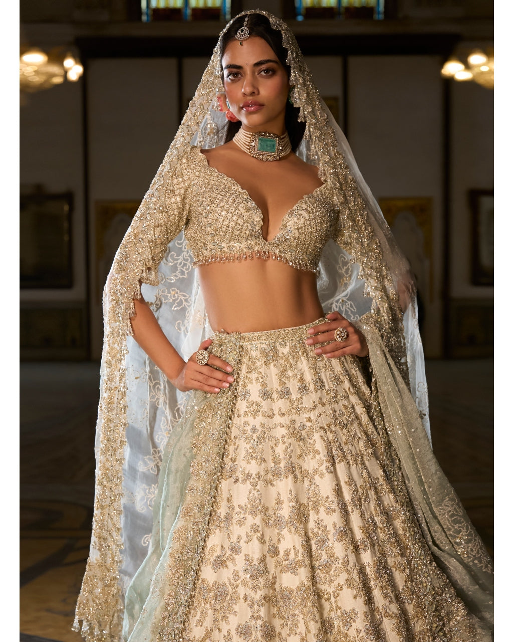 Ivory Sage Zardosi Lehenga Set