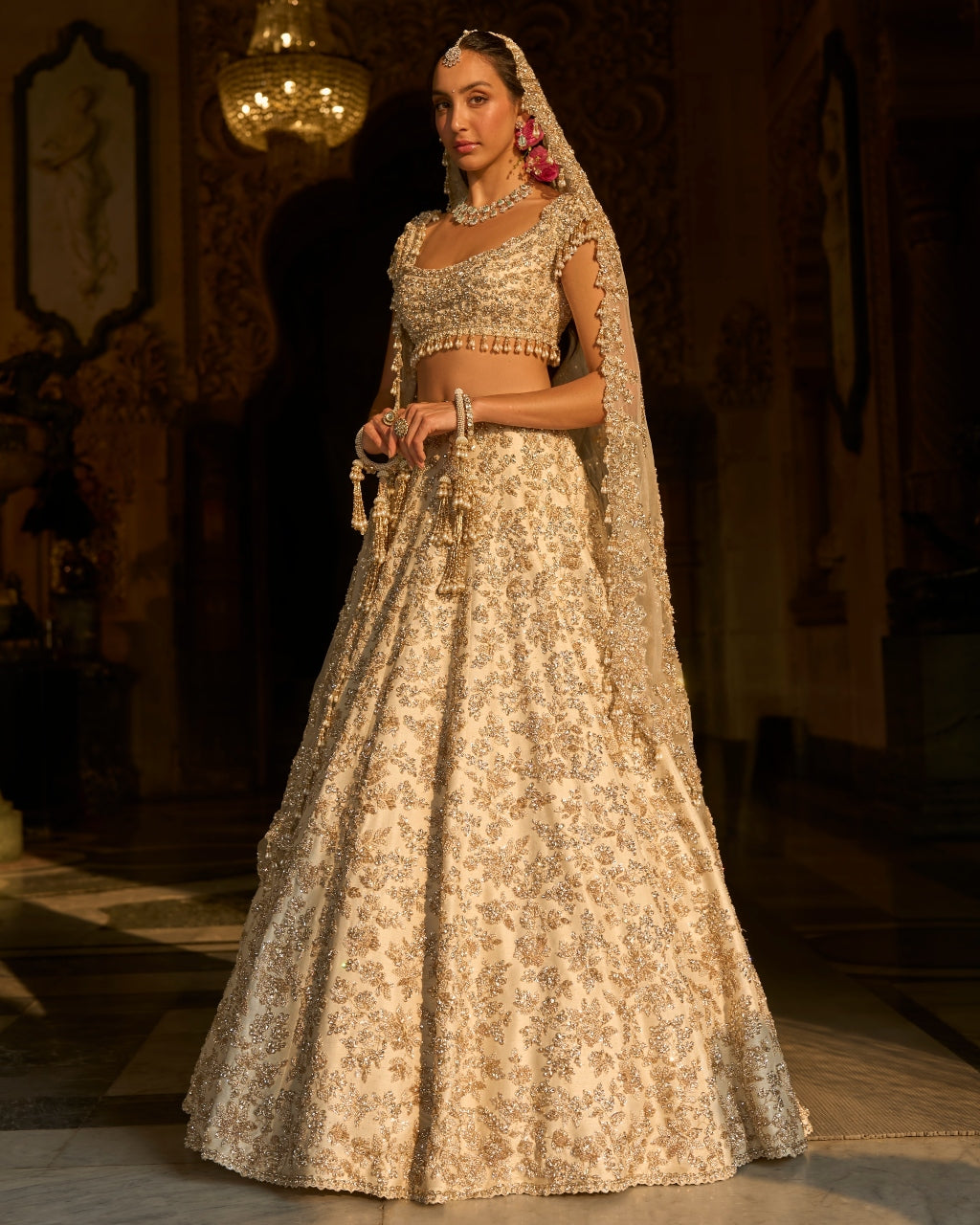 Ivory Gold Floral Zardosi Lehenga Set