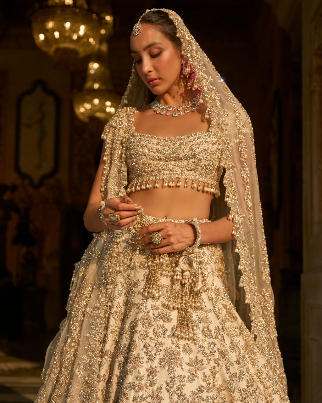 Ivory Gold Floral Zardosi Lehenga Set