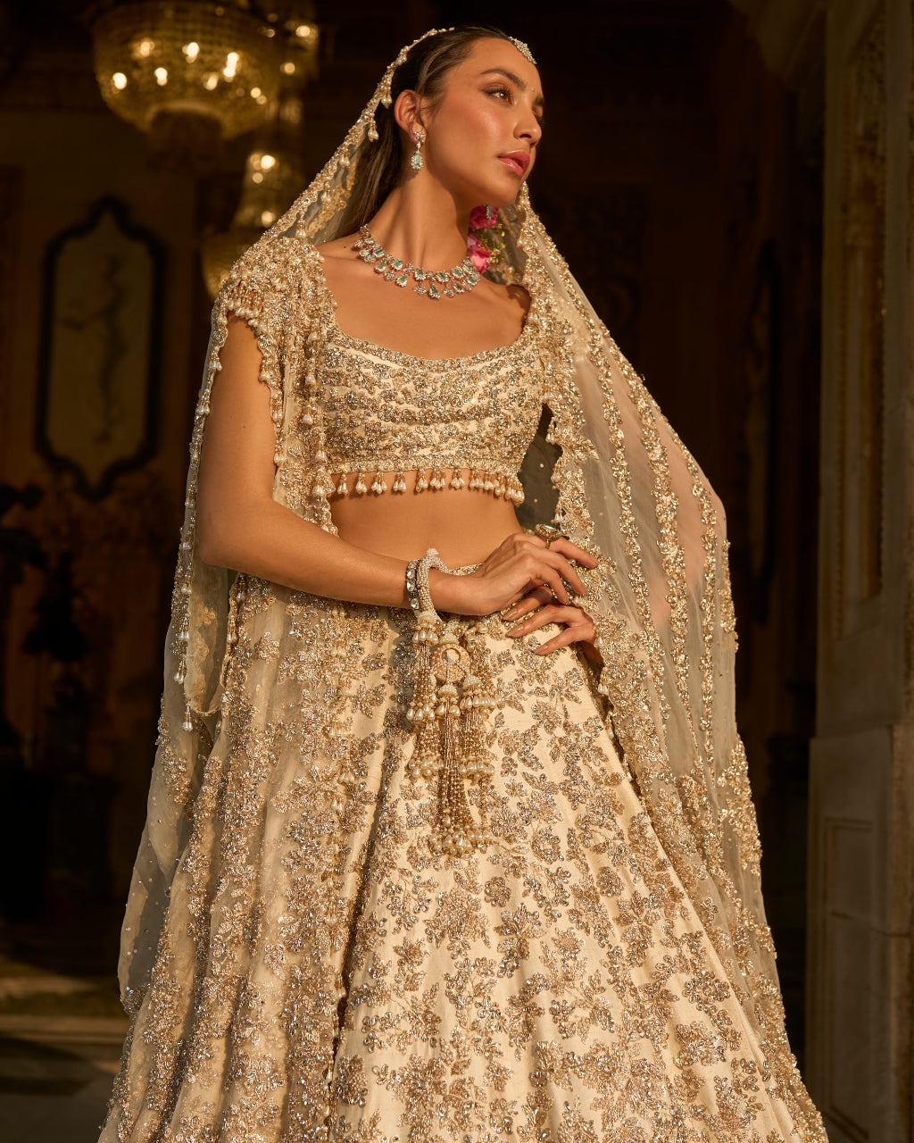 Ivory Gold Floral Zardosi Lehenga Set