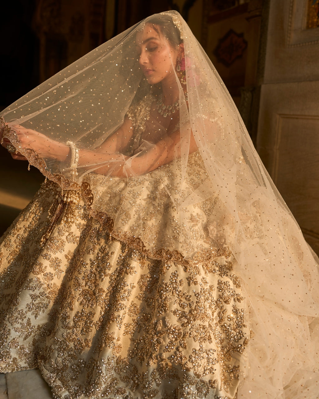 Ivory Gold Floral Zardosi Lehenga Set