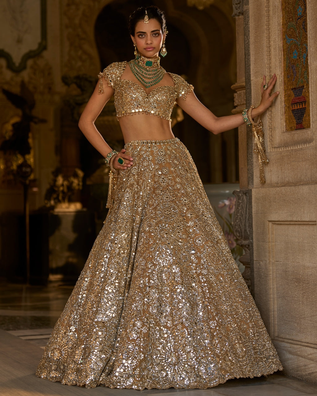 Gold Mirror Work Lehenga Set