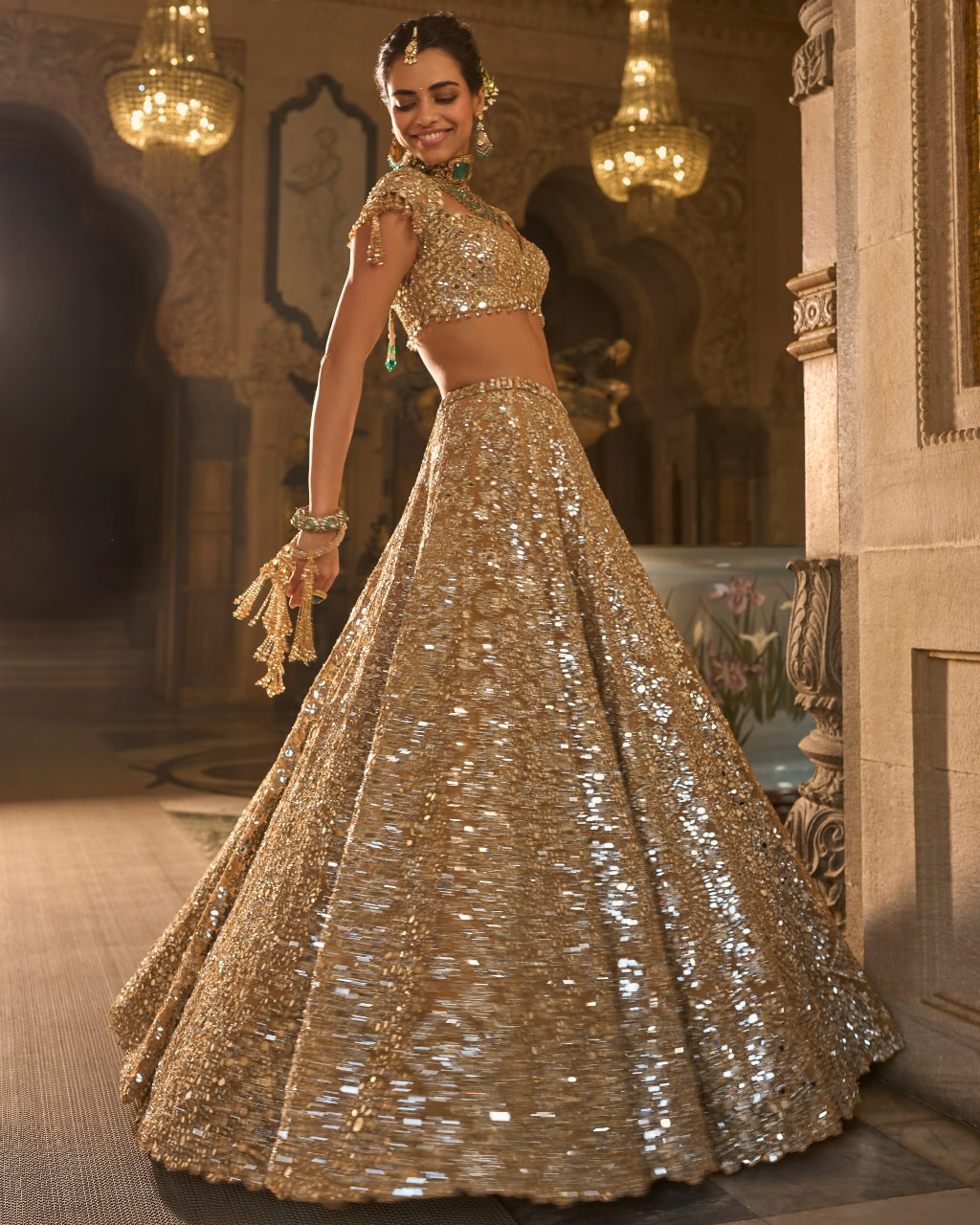 Gold Mirror Work Lehenga Set