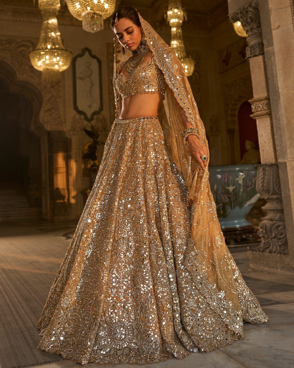 Gold Mirror Work Lehenga Set
