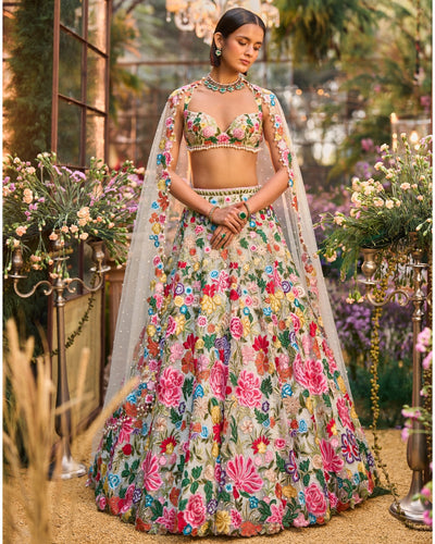 Multi-Coloured Floral Lehenga Set