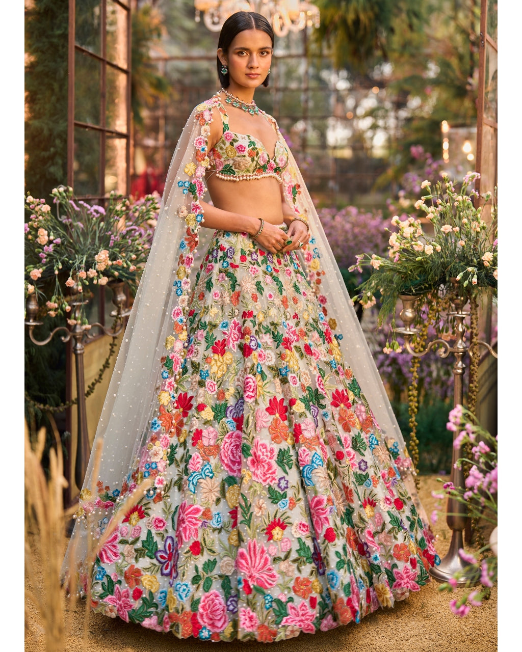 Multi-Coloured Floral Lehenga Set