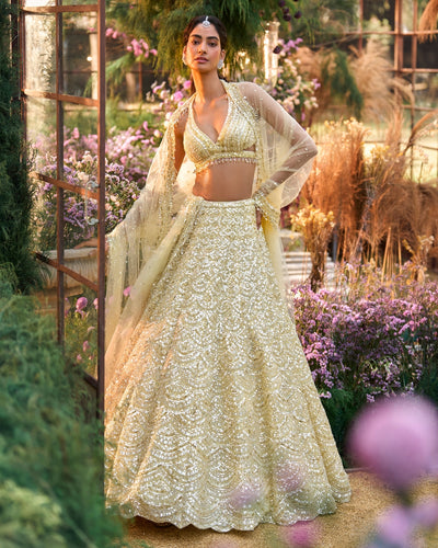 Lemon Yellow Sequin Lehenga Set