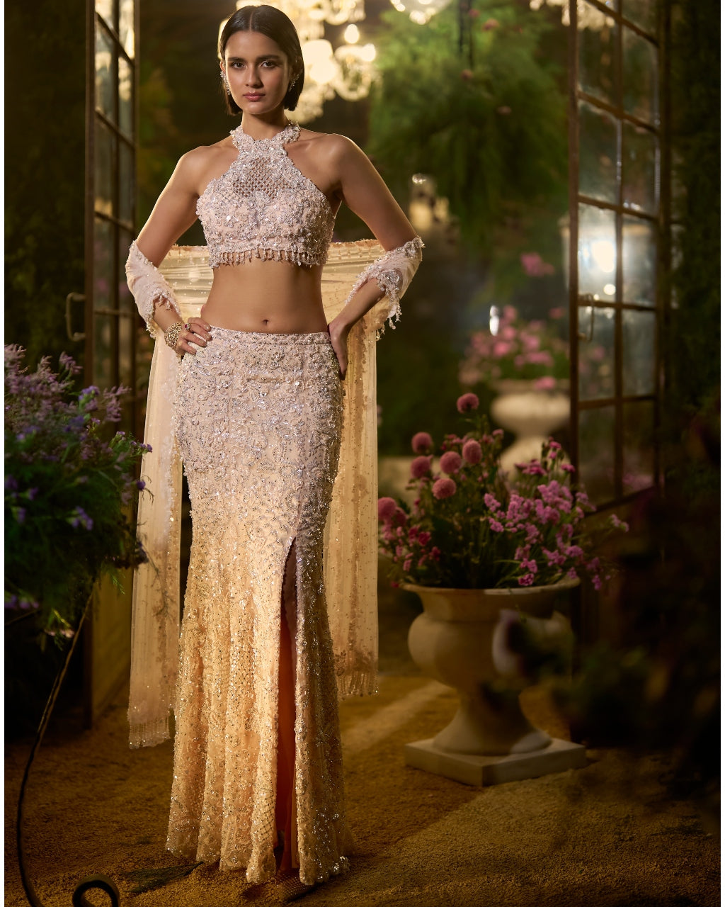 Powder Peach Slit Skirt Set