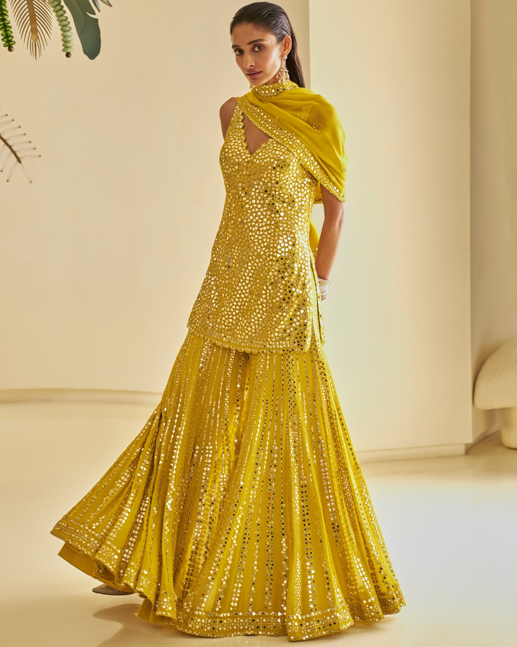 Yellow Mirror Work Sharara Set