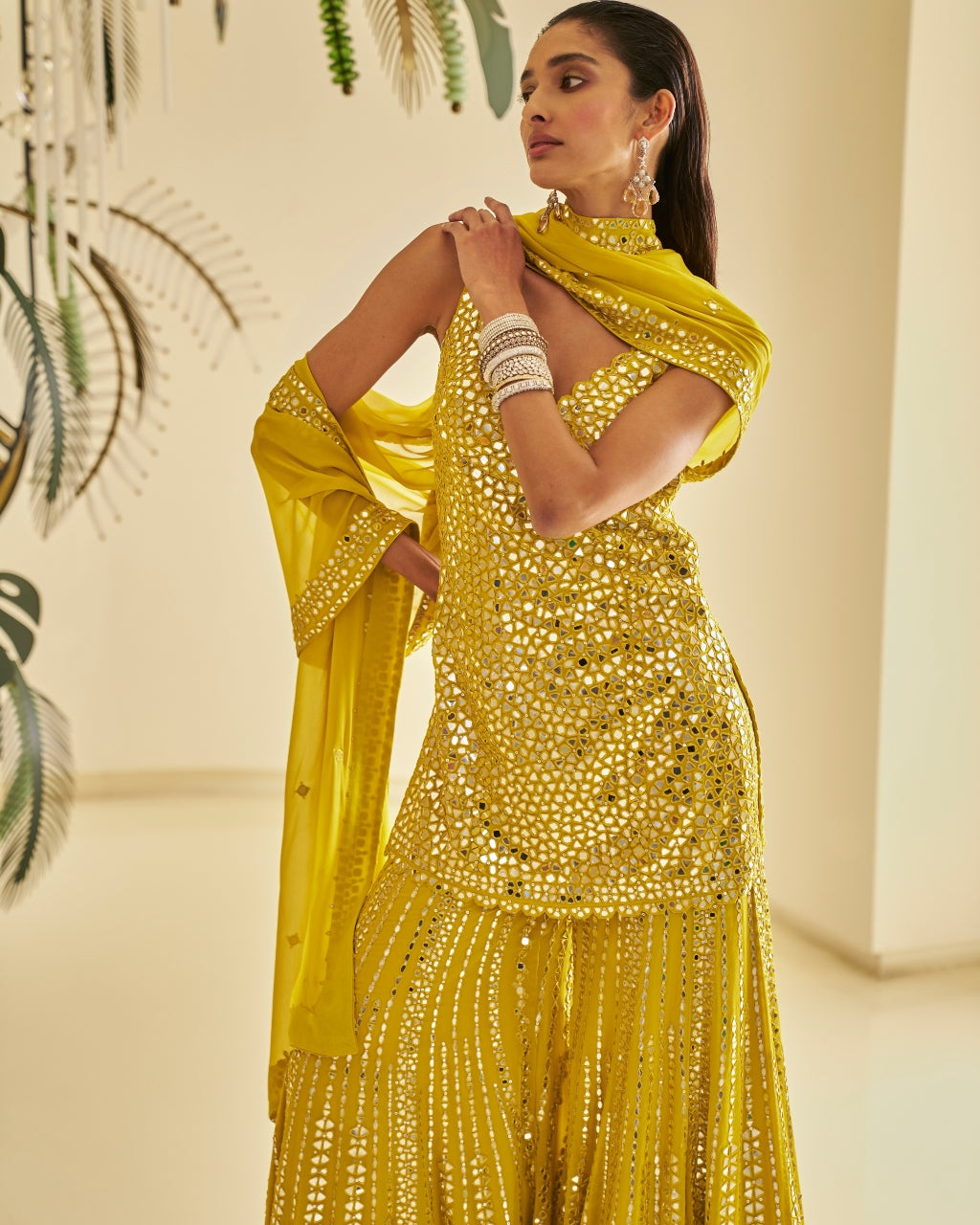 Yellow Mirror Work Sharara Set