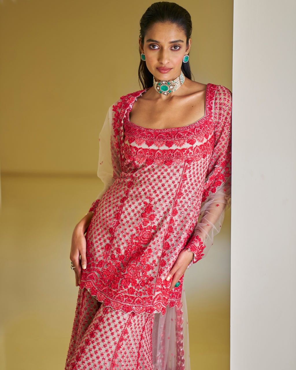 Red Thread Work Sharara Set