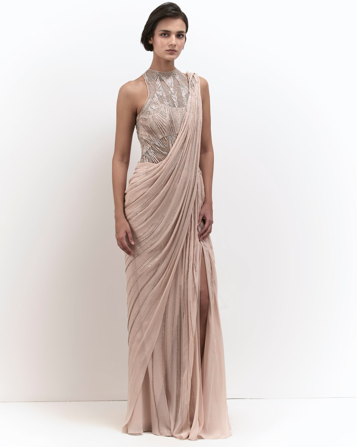 The Peach Blush Cosmic Prism Sari Gown