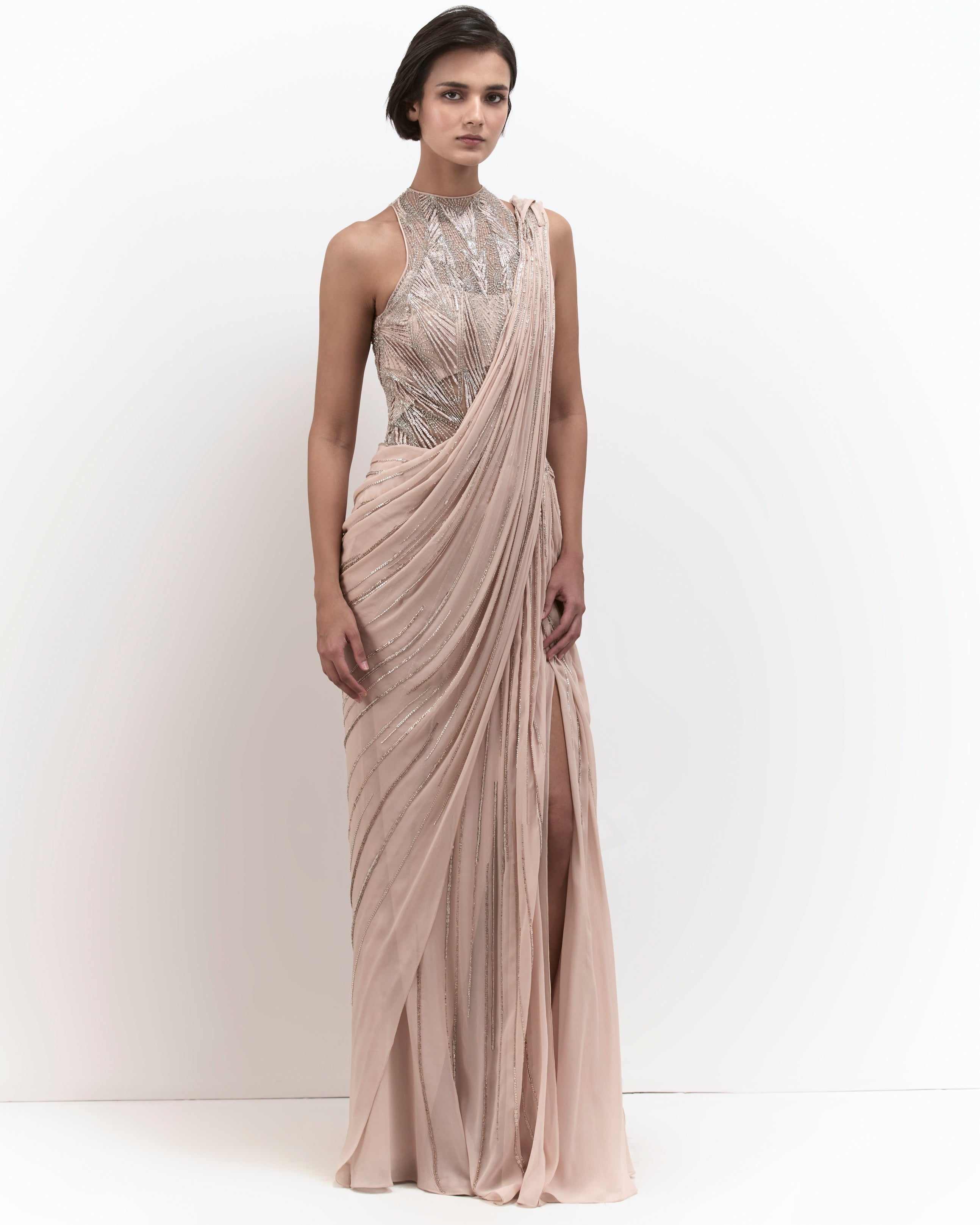 The Peach Blush Cosmic Prism Sari Gown