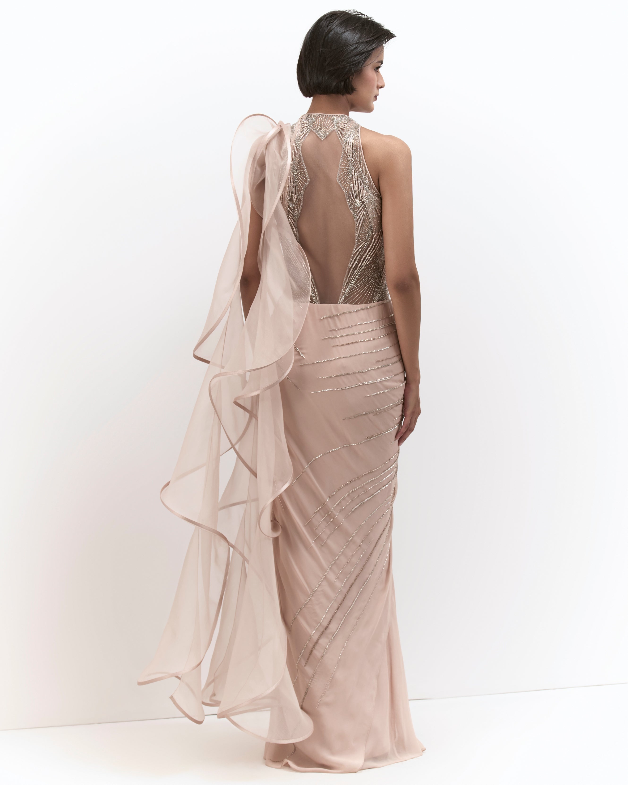 The Peach Blush Cosmic Prism Sari Gown