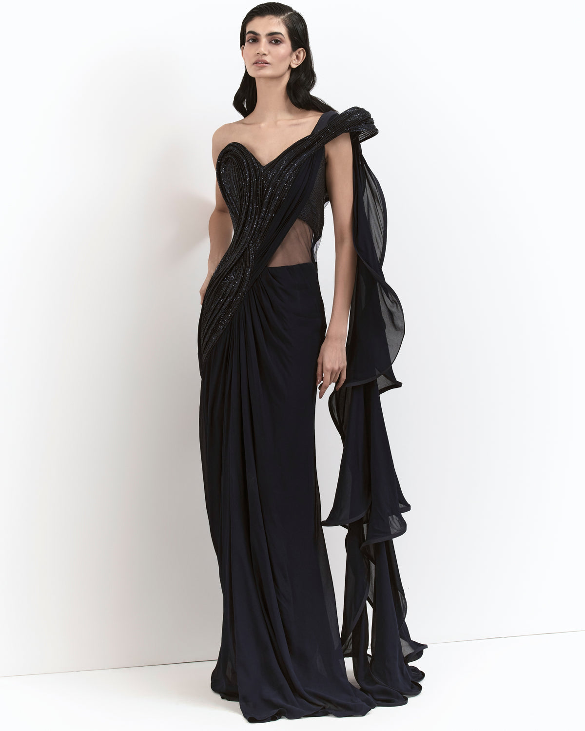 The Midnight Blue Corset Drape Sari Gown