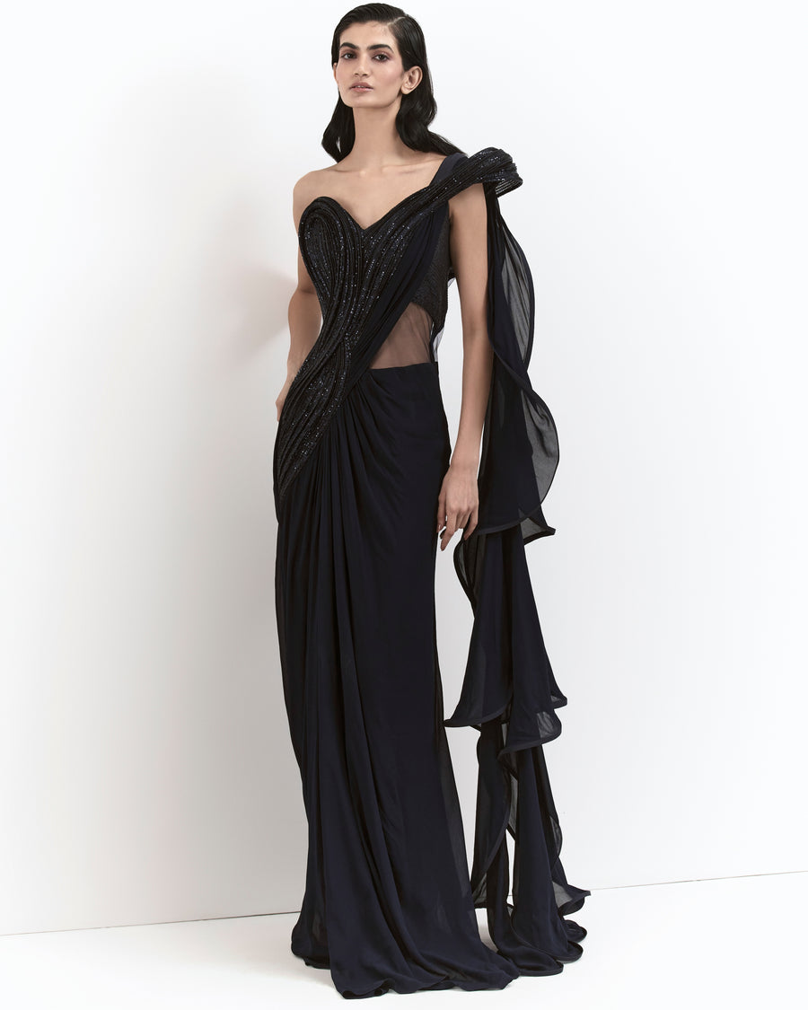 Gothic Midnight Blue Corset with Dramatic Ruffled Hip Details