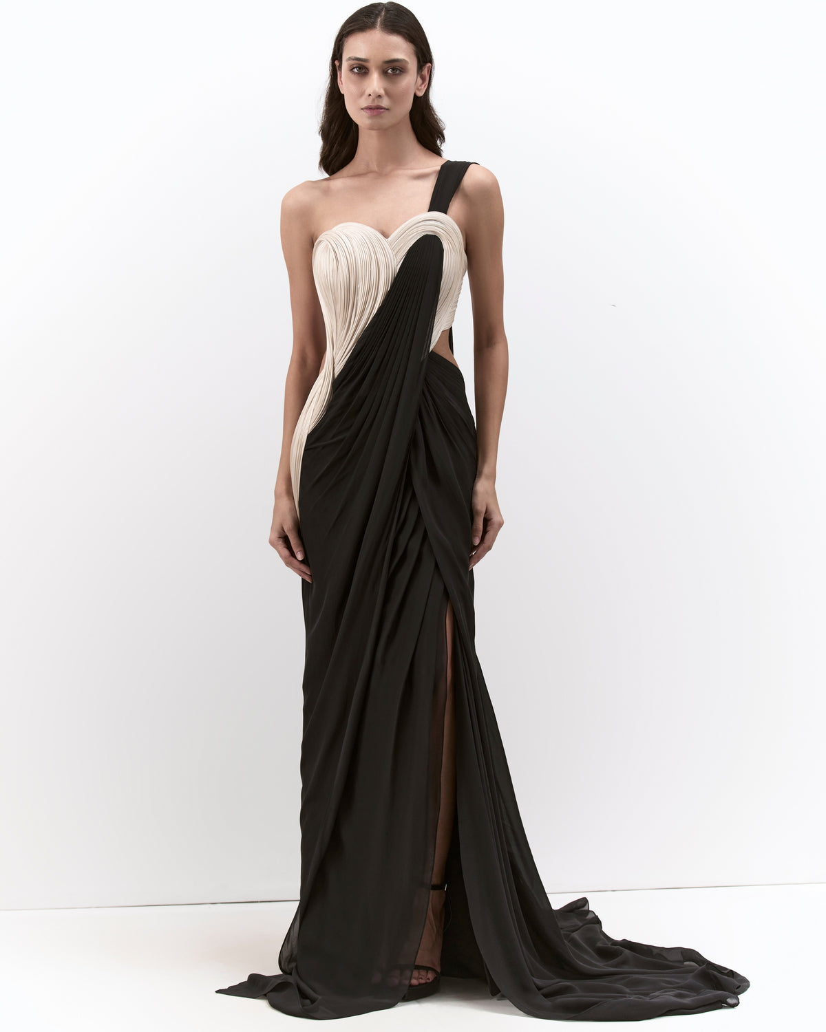 The Black With Pearl Corset Drape Sari Gown