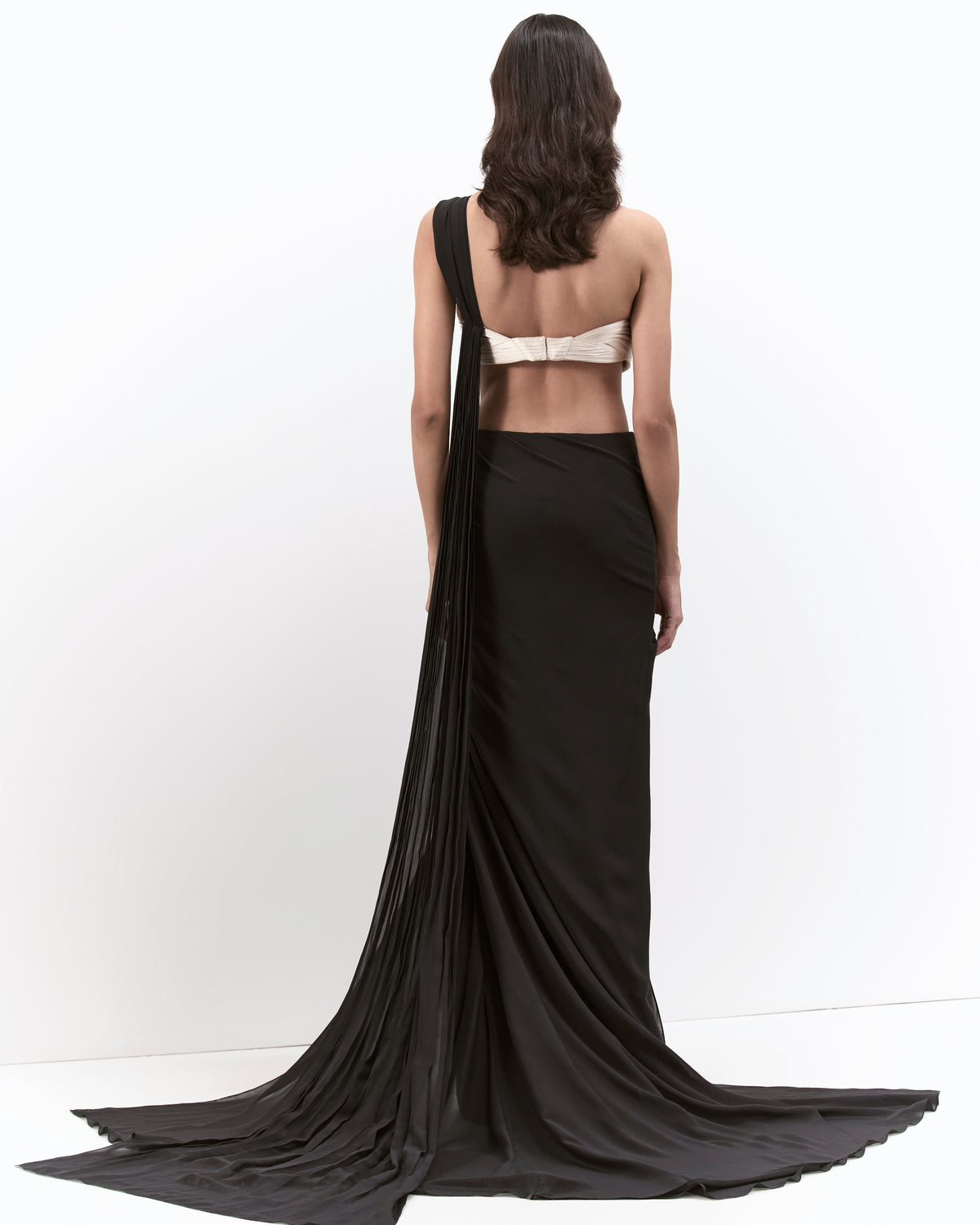 The Black With Pearl Corset Drape Sari Gown