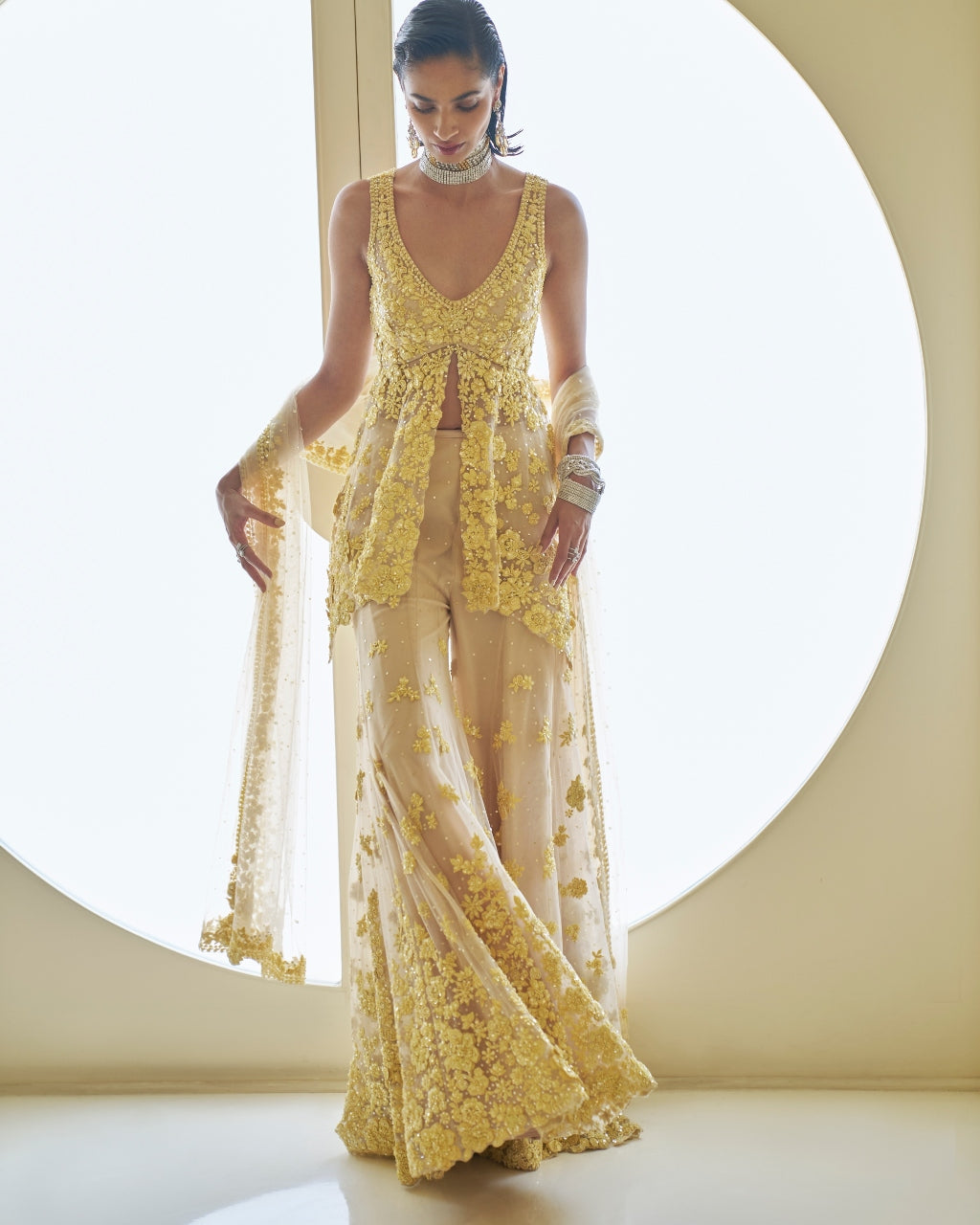 Yellow Three-Dimensional Floral Sharara Set