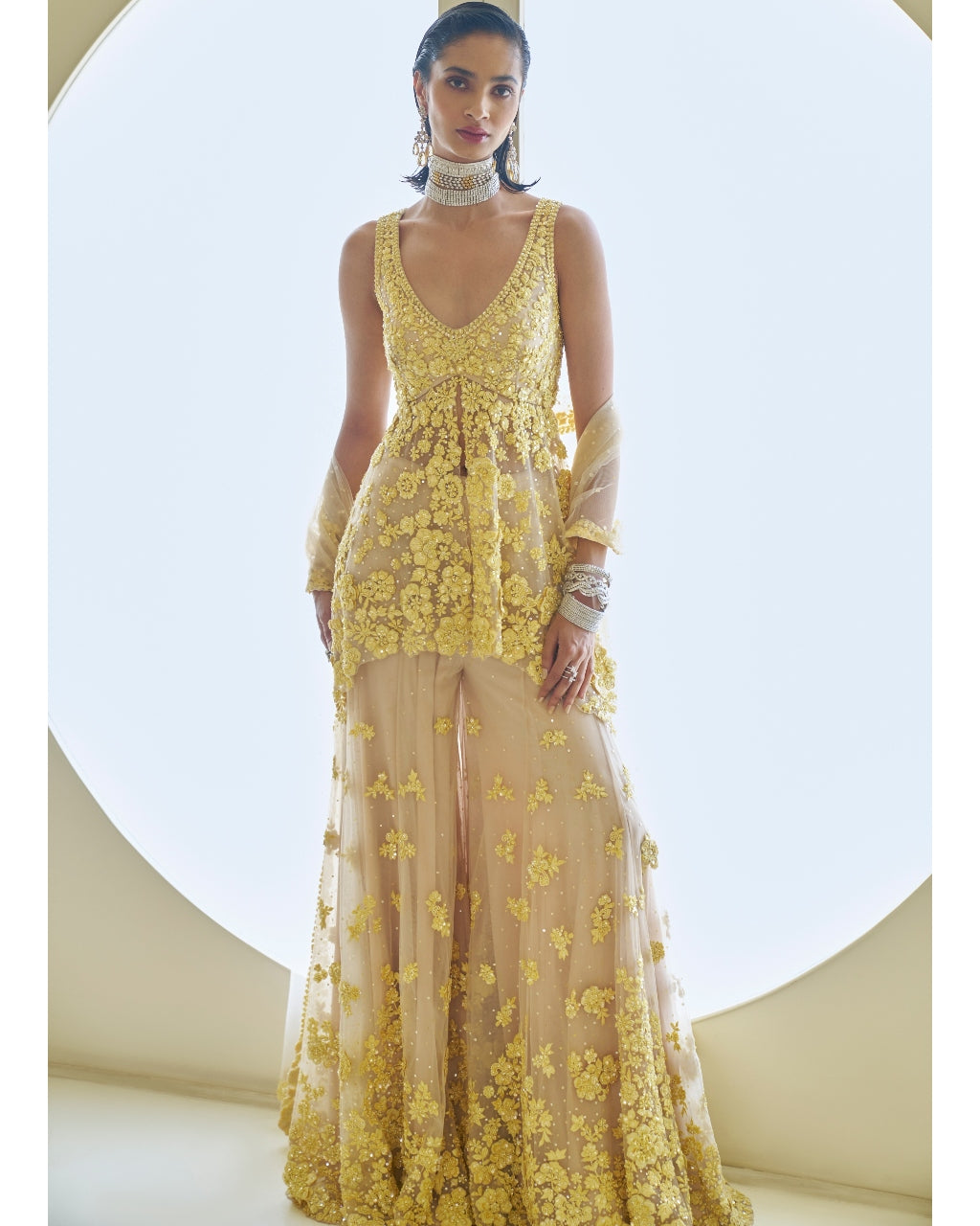 Yellow Three-Dimensional Floral Sharara Set