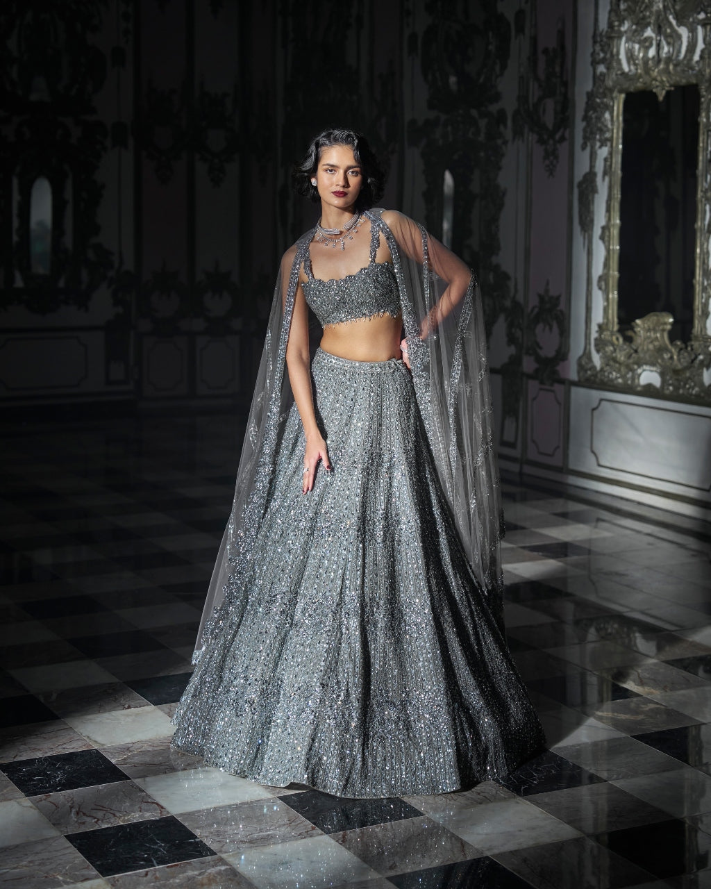 Dark Grey Sequin Lehenga Set