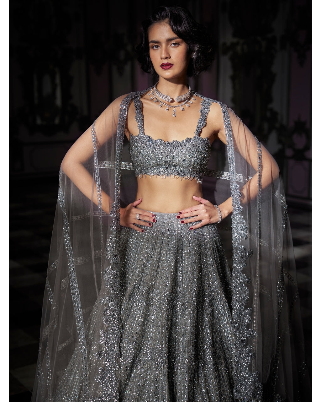 Dark Grey Sequin Lehenga Set