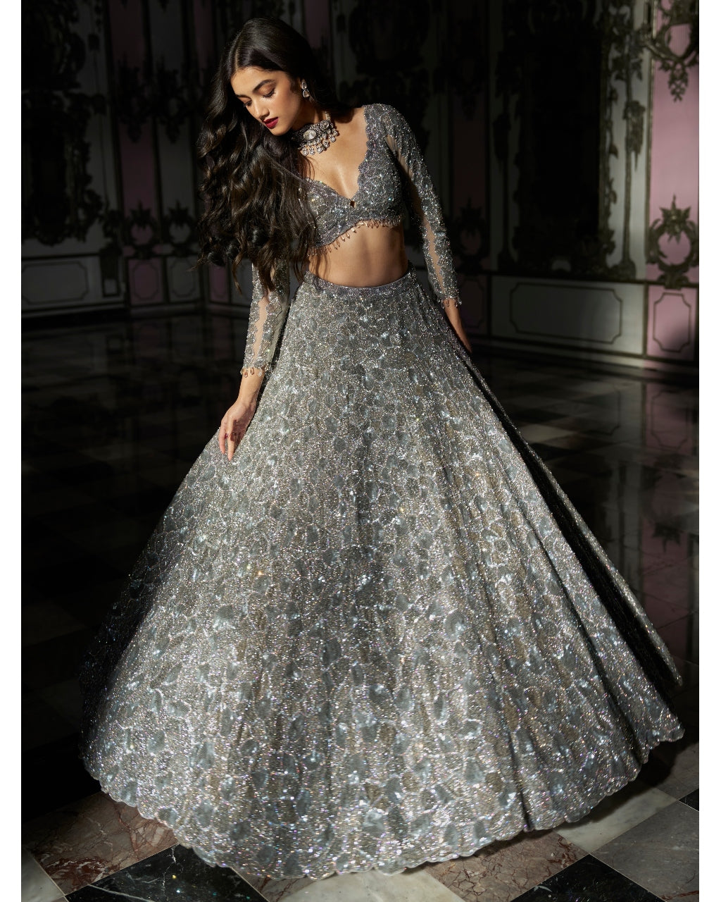 Silver Abstract Lehenga Set