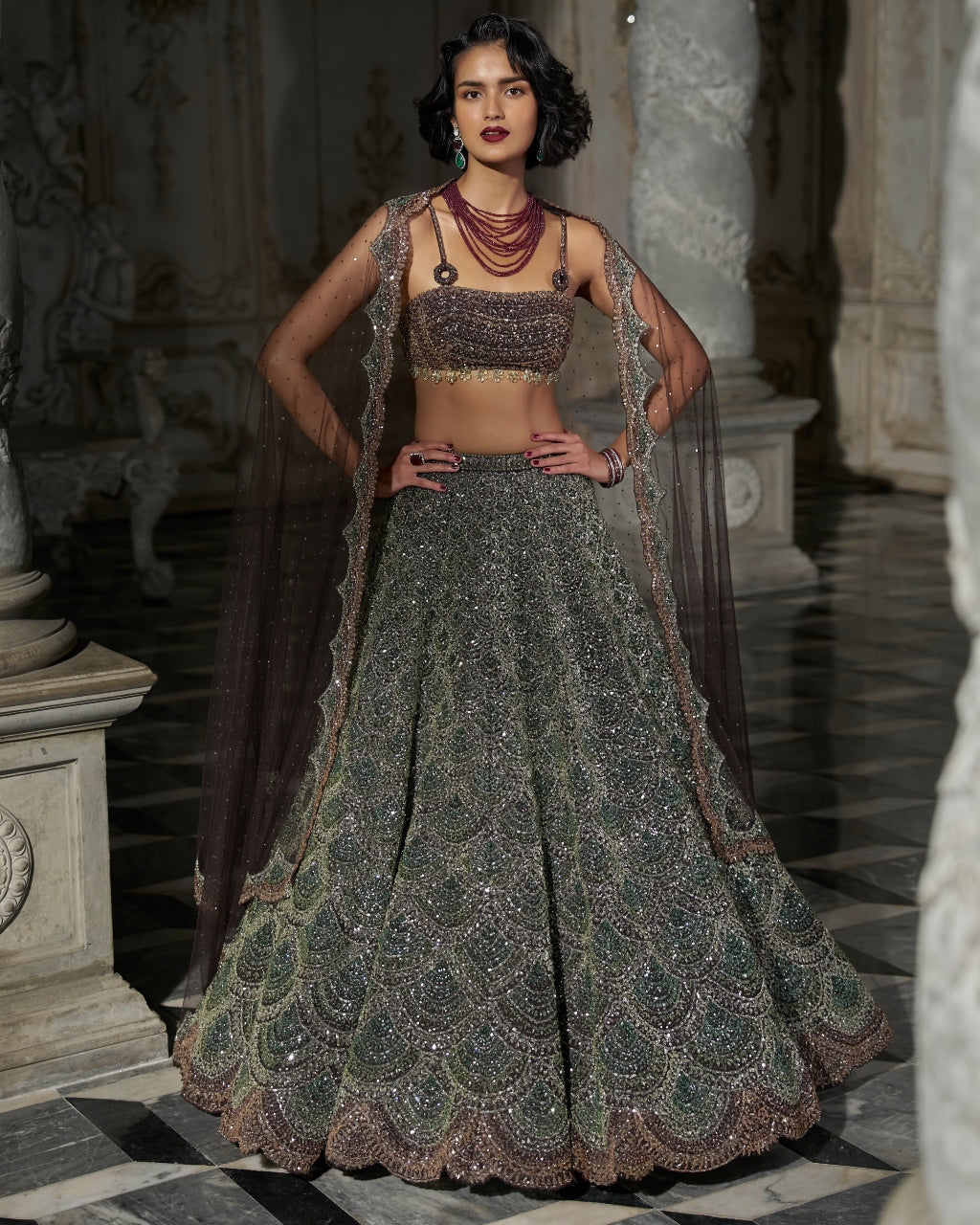 Emerald Green Scalloped Lehenga Set