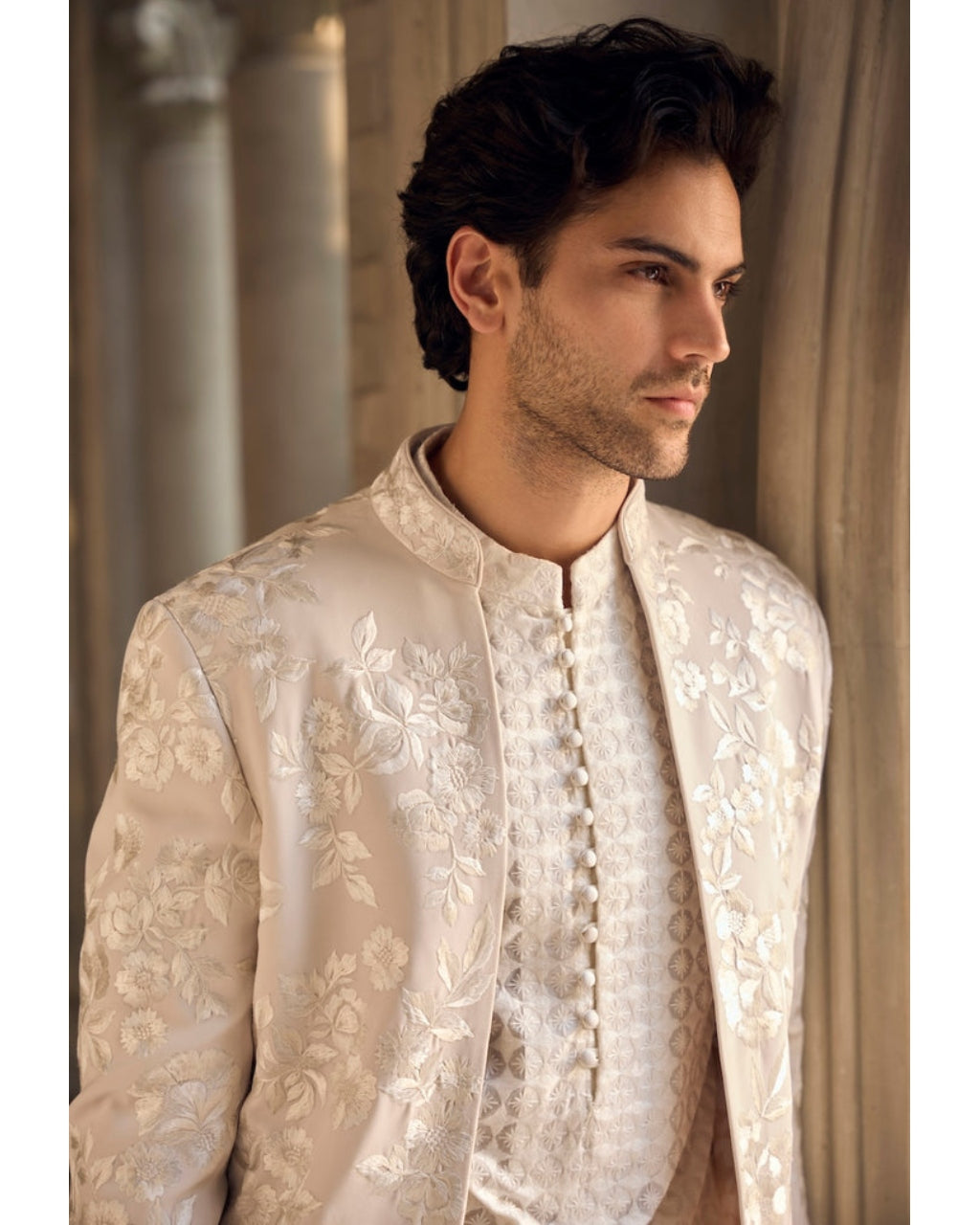 Chapelle Light Beige Open Sherwani Set